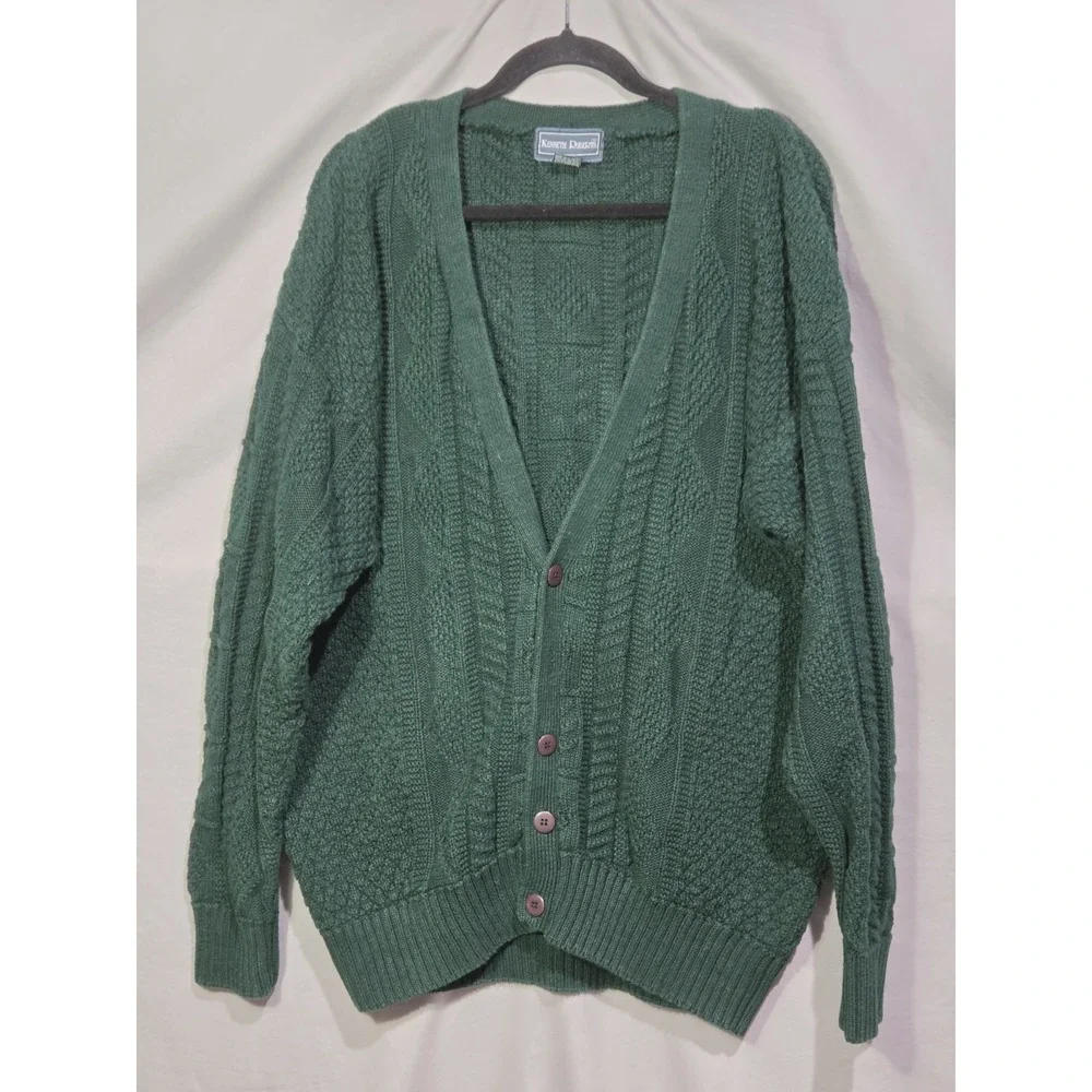 Vintage‎ Kenneth Roberts XL Green Cardigan Sweater Chunky Fisherman Grandpacore